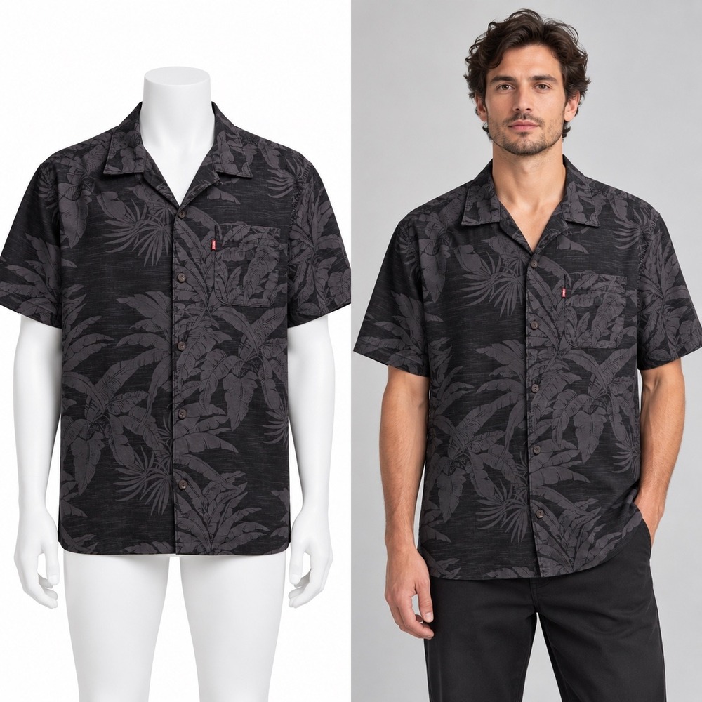 Levis Button Down Shirt Mens Large Black Tropical Palm Leaf Floral Short Sleeve